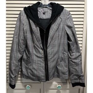 Vintage Volcom Zip Up Plaid Jacket Size M 2 In 1 Pockets Hood Black/Gray